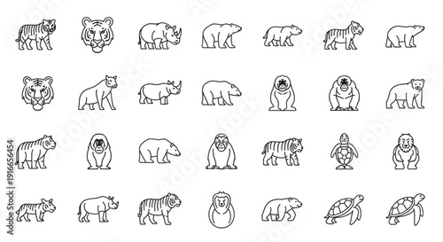 Collection of various wild animal icons in line art style including bears tigers rhinos and turtles for conservation or wildlife themes