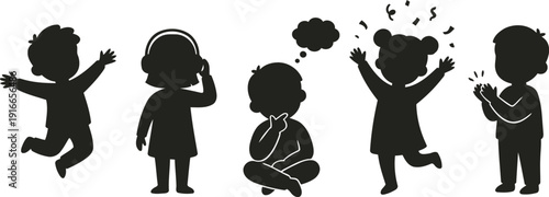 Children silhouettes showing a range of emotions and actions like jumping thinking and clapping joyfully
