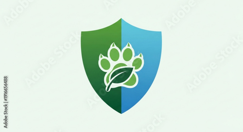 Shield logo with green paw print and leaf symbol on blue and green background for eco friendly protection