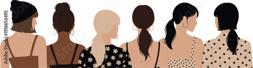 Diverse women from back illustration showing different hairstyles outfits and skin tones minimalist flat vector design for feminism diversity and lifestyle concepts