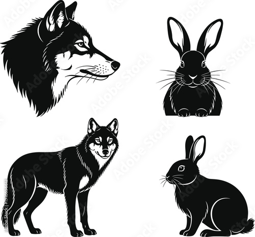 Black and White Silhouette Vector Set of Wolf and Rabbit Including Full Body and Head Profiles Isolated on White Background for Nature Wildlife Design