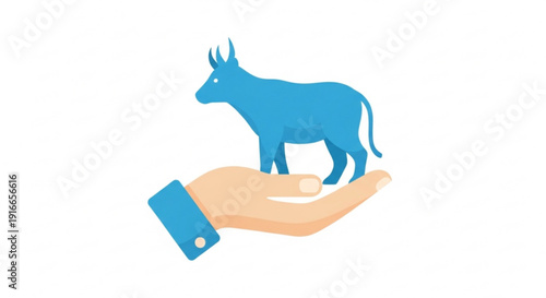 A blue bull standing on an outstretched hand with a blue cuff symbolizing care and protection