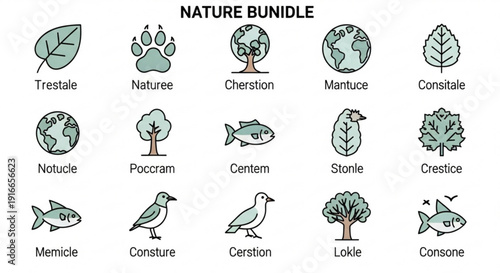 Nature icons bundle with leaves animals and earth symbols in green hues on white background