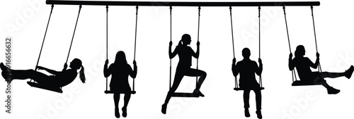 Black silhouette of five young women and girls swinging on a playground set isolated on white background enjoying summer fun, freedom, and friendship together