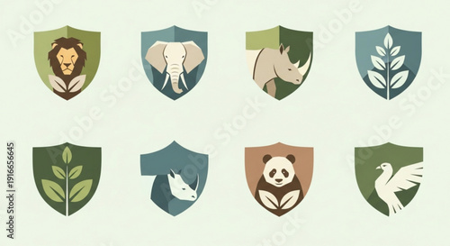 Eco friendly shields with animal and plant icons for conservation and sustainability
