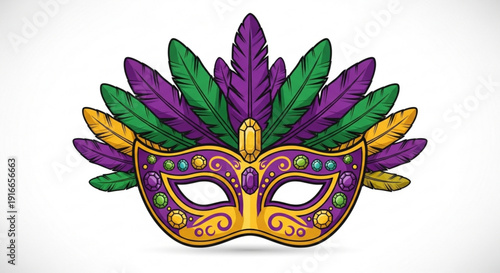 Mardi gras mask with colorful feathers and ornate design on white background for carnival celebrations