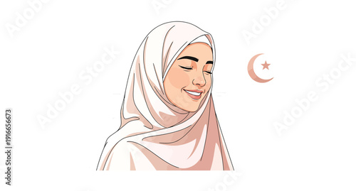Smiling muslim woman wearing hijab with eyes closed beside crescent moon symbolizing peace and spirituality
