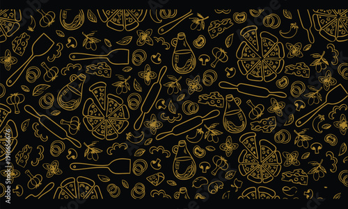 Golden outline pizza elements seamless pattern on a black background perfect for food themes