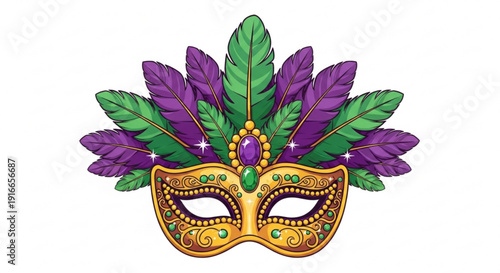 Vibrant mardi gras mask with purple and green feathers gold accents and jewels on white background for festive celebrations