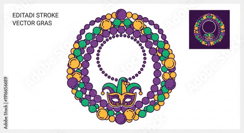 Mardi gras colorful beads and mask vector illustration festive purple green and gold decoration