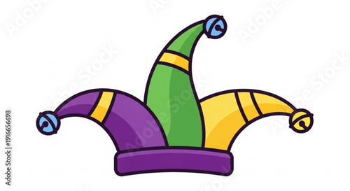Colorful jester's hat with purple green and yellow points isolated on white background for carnival or party themes