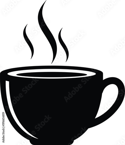 Black Coffee Cup Silhouette Icon with Steam Smoke Swirls Representing Hot Beverage Morning Breakfast Tea Caffeine Break and Cafe Culture Isolated on White Background