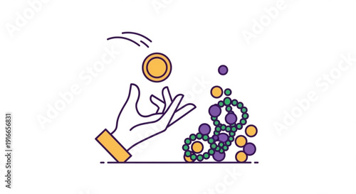 Hand tossing colorful molecular structure with orbiting sphere representing science and innovation concepts