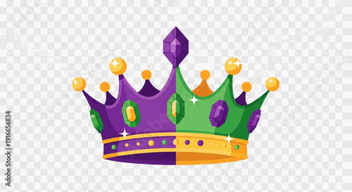 Vibrant purple green and gold crown with jewels and golden accents on transparent background for mardi gras or royal themes