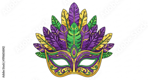 Vibrant mardi gras mask with purple green and gold feathers and decorative patterns on a white background