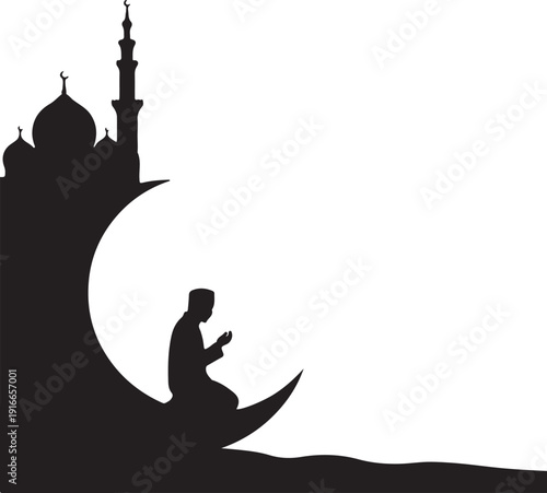 Silhouette of a person sitting on a crescent moon with a mosque