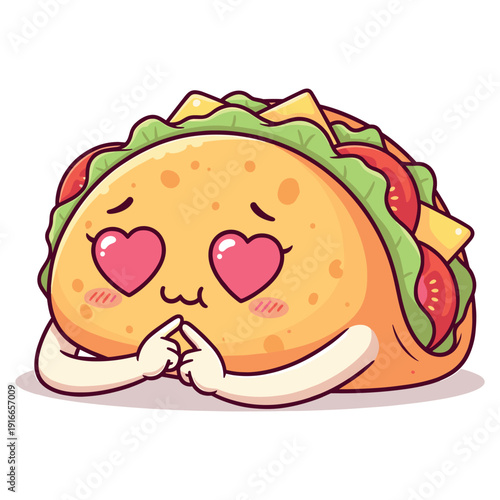 Kawaii taco character with heart eyes and shy expression blushing on white background in love style
