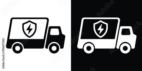 Protected electric delivery truck icon. Features a shield with a lightning bolt on a cargo van. Vector illustration for secure energy transport, electrical safety, or fast EV shipping services.