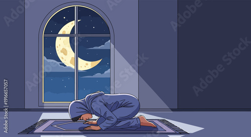 Praying under the night sky with crescent moon and stars