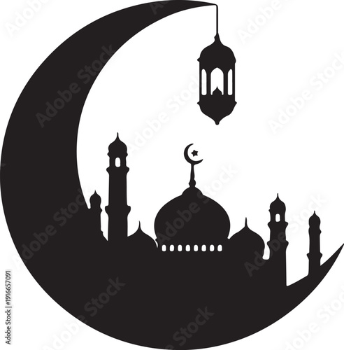 Eid mubarak greeting card with mosque silhouette and crescent moon