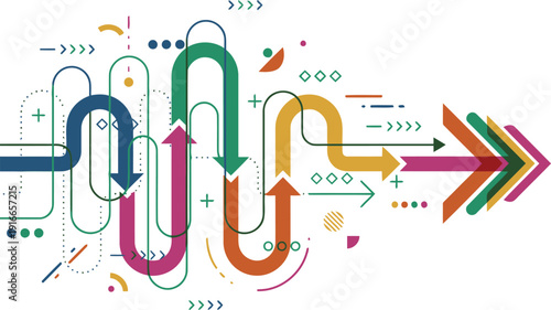 A dynamic and colorful abstract illustration depicting a complex business process leading to clear progress and strategic direction