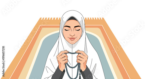 Woman praying with rosary on prayer mat in a peaceful environment