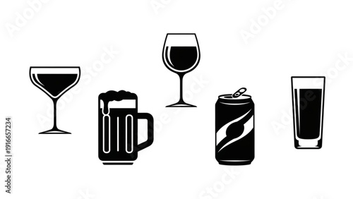 Collection of various beverage containers and glasses in simple black and white illustrations