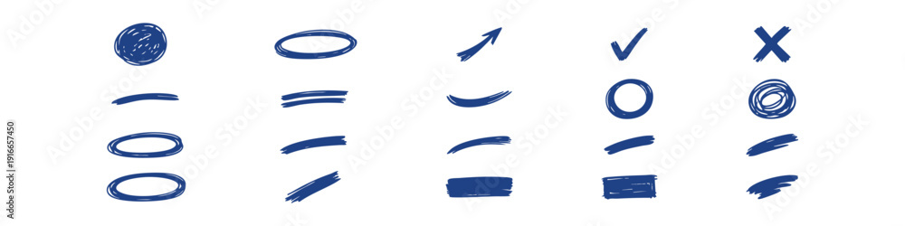 Fototapeta premium Hand-drawn marker strokes, circles, arrows, and symbols in black, red, and blue for highlighting and annotation on a white background.