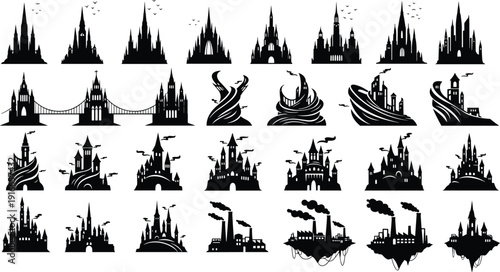 Fantasy castle and city silhouette collection featuring medieval gothic architecture bridges and industrial skyline elements isolated on white background for creative design projects