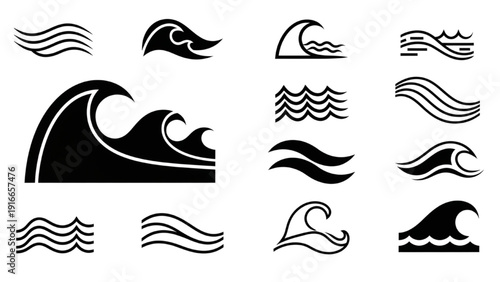 Collection of black wave icons on white background, various styles and shapes