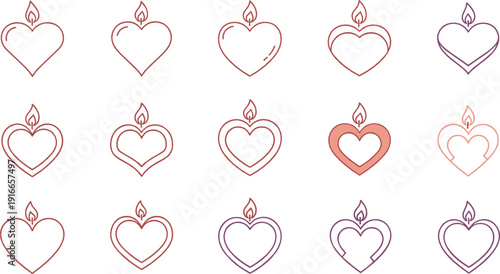 Flaming heart outline icon set representing love, romance, devotion, and emotional warmth illustrated in clean minimal line art flat vector style