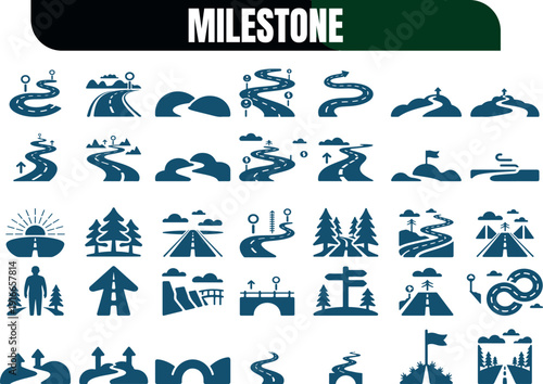Collection of hiking trail and outdoor adventure milestone icons set.