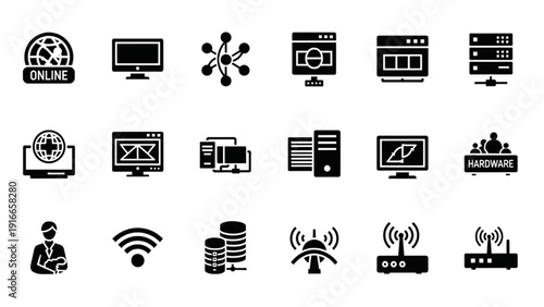 Collection of black icons representing online technology and digital communication on a clean interface