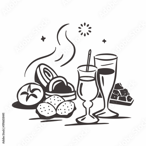 Food and drink icons with wine glasses bottles and celebration items