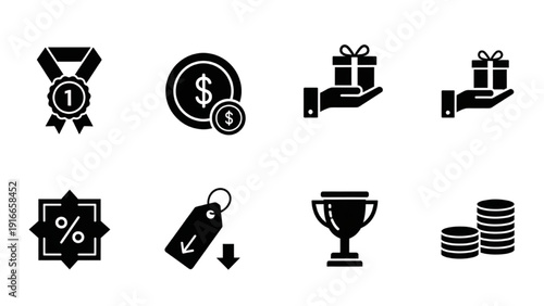 A collection of black icons on white background representing awards and commercial concepts displayed from a straightforward viewpoint