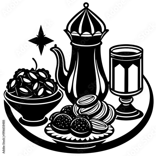 Vector illustration of tea cups with cakes and sweet desserts on a cafe table