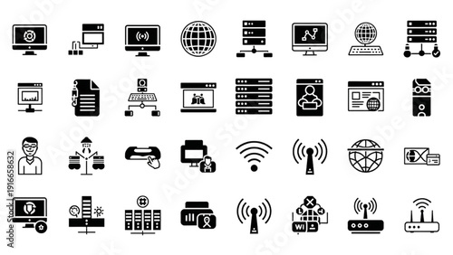 Collection of black icons representing various technology and communication devices and concepts