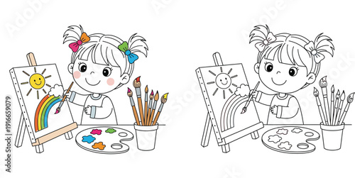 Happy Girl Painting Rainbow and Sun - Creative Art Activity