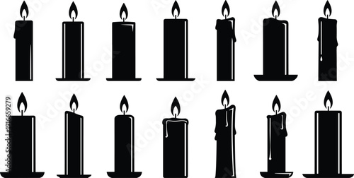 Black candle silhouette icons set, burning wax with flames, decorative light symbols, spiritual and romantic elements for spa, memorial design,