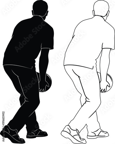 Two silhouettes demonstrating a basketball dribbling technique with proper body posture.