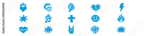 Set of hand-drawn punk rock and grunge icons featuring skulls, hearts, fire, and music symbols in black and blue vector style on white background.