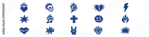 Set of hand-drawn punk rock and grunge icons featuring skulls, hearts, fire, and music symbols in black and blue vector style on white background.