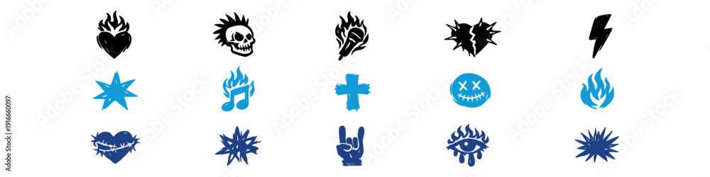 Obraz premium Set of hand-drawn punk rock and grunge icons featuring skulls, hearts, fire, and music symbols in black and blue vector style on white background.