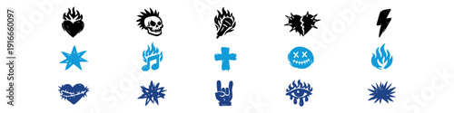 Set of hand-drawn punk rock and grunge icons featuring skulls, hearts, fire, and music symbols in black and blue vector style on white background.