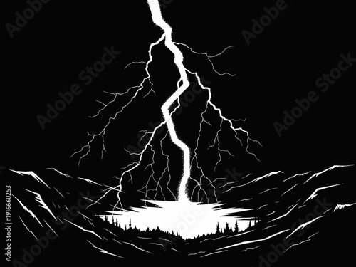 Monochrome Lightning Strikes Lake Amidst Jagged Mountains: Intense Natural Phenomenon, Dramatic Nightscape Illustration, Weather Cataclysm Scene, Graphic Novel Style Black and White Artwork Depicting