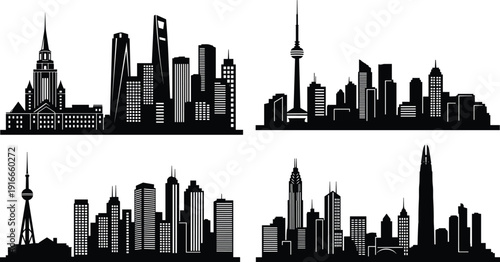 Black city skyline silhouette icons set, urban skyscraper panoramas, modern downtown building outlines, metropolis architecture for travel and real estate,