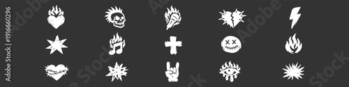Set of hand-drawn white punk and grunge icons on a dark background featuring skulls, hearts, and flames in an edgy streetwear aesthetic.