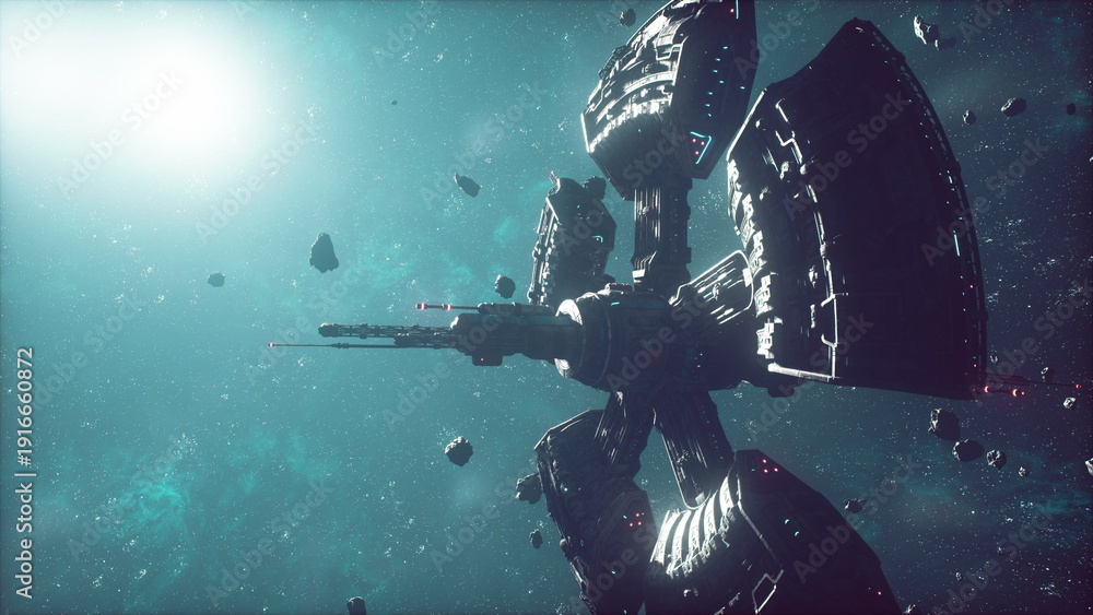 Fototapeta premium In the depths of a distant galaxy, a futuristic space station orbits gracefully among scattered asteroids, illuminated by a vibrant star. The scene captures the wonders of space exploration.