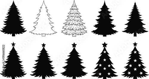 Black Christmas tree silhouette icons set, pine and spruce fir outlines, holiday winter seasonal symbols for merry xmas card design,