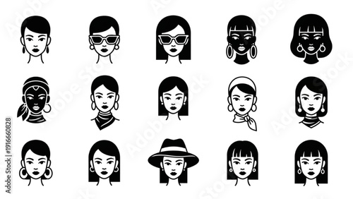 Collection of diverse women's faces in various styles and accessories illustrated in a grid pattern